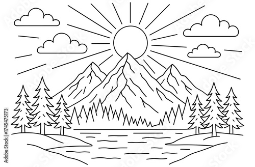 Mountain landscape with sun and trees in outline style