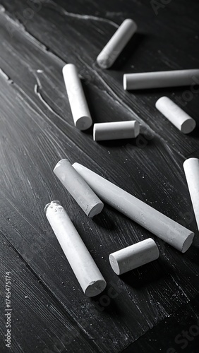 Scattered white chalk pieces on a dark, textured surface