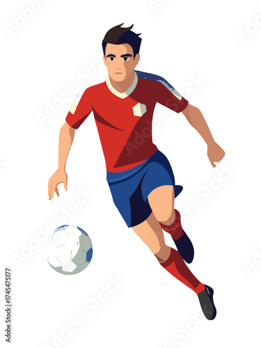 Vector illustration of a single abstract professional soccer player dynamically playing and shooting a ball, symbolizing energy, motion, creativity, and athletic passion