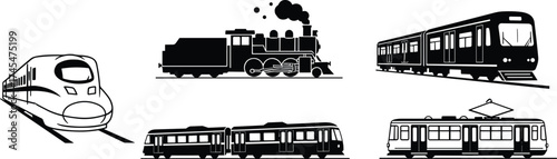 Black silhouette vector illustration, high-speed train, steam locomotive, subway metro, light rail tram, regional train, streetcar trolley, railway transport, line art
