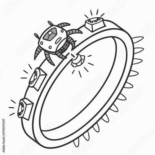 A robotic beetle sits atop a spiked ring with gems