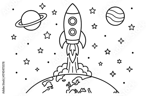 Space adventure: rocket launch with planets and stars in outline design