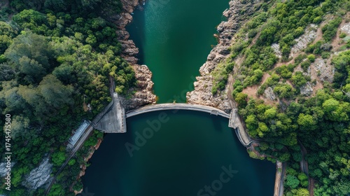 Fototapeta Naklejka Na Ścianę i Meble -  Top-down view of dam and reservoir in valley