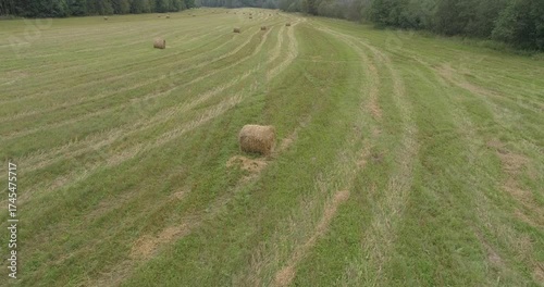 Large field of grass with rows of hay bales in the middle. hay bales are spread out across the field, with some closer to the edges and others further in middle