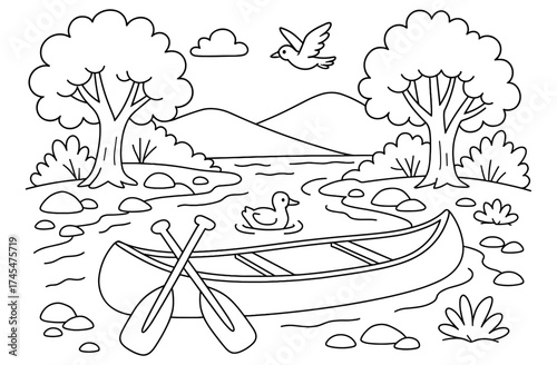 Peaceful river scene with canoe and wildlife in outline style