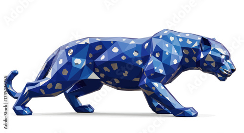 Modern Blue Faceted Leopard Sculpture with Gold and White Geometric Spots.