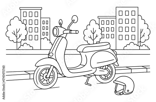 Urban scene: classic scooter with helmet in linear cityscape