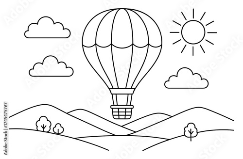 Minimalist hot air balloon scene with mountains and clouds in linear style