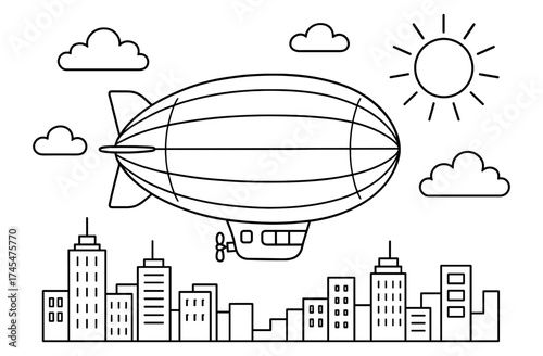 Cityscape with airship in sky: linear design featuring clouds and sun