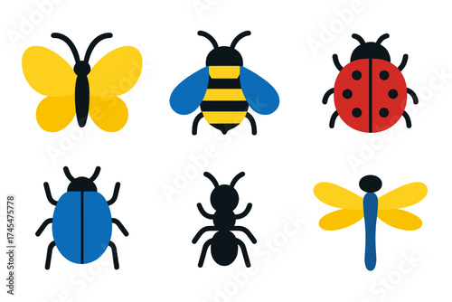 Colorful flat design set of six insect icons including butterfly, bee, and ladybug