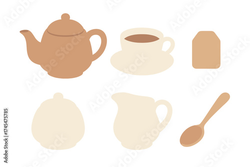 Minimalist set of ceramic tea and coffee serving accessories including teapot cup and sugar bowl