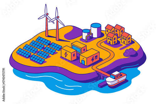 Isometric sustainable island community powered by solar panels and wind turbines with battery storage