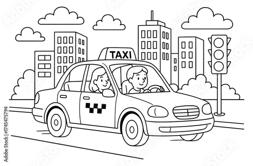 Black and white taxi scene in the city with smiling passengers and buildings