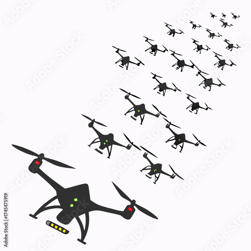 A swarm of armed drones flying in formation