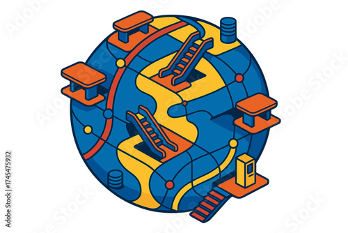 Abstract isometric globe showing complex interconnected paths, digital data flow, and system infrastructure