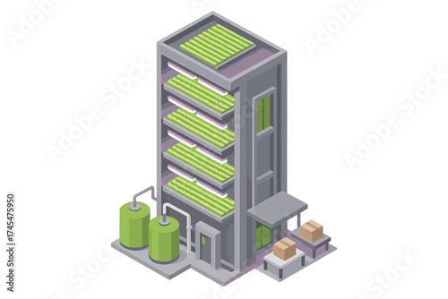 Modern vertical farm building structure with hydroponic growing levels and external tanks for sustainable food production
