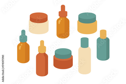 Isometric collection of beauty and skincare product packaging containers in warm earthy tones
