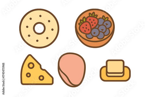 Collection of breakfast and deli food items including bagel, cheese, butter, and fresh berries