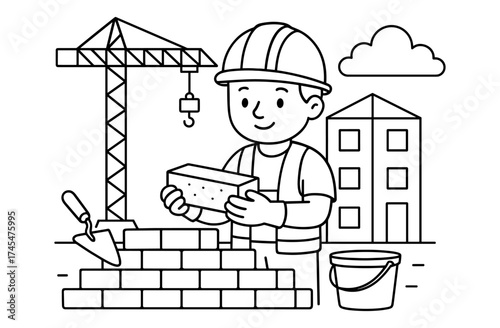 Construction worker coloring page: child building a brick wall in black and white sketch