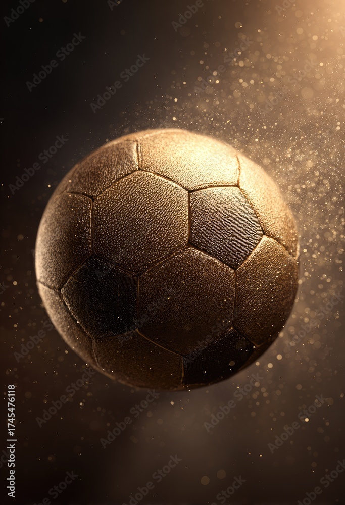 Naklejka premium A weathered, sepia-toned soccer ball hangs in mid-air, surrounded by a shimmering, golden dust cloud against a dark background. The texture of the ball is prominent, suggesting age and use