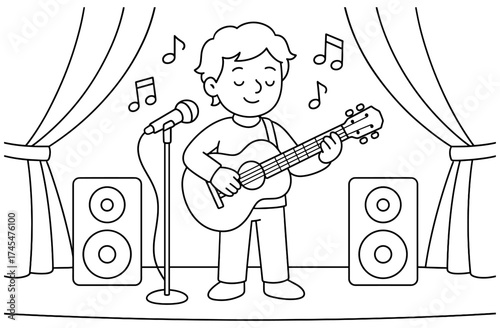 Child playing guitar on stage with musical notes in outline style