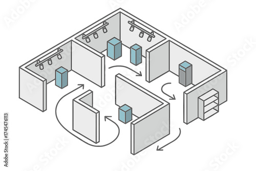 Schematic layout of an exhibition hall showing the visitor flow and display pedestals