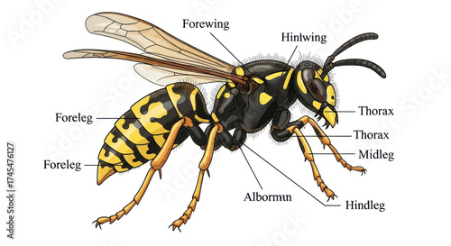 Detailed Illustration of a Yellowjacket Wasp Anatomy with Labeled Parts.
