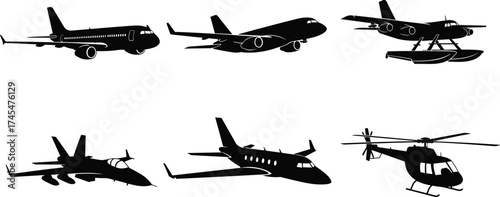 Black silhouette vector illustration, passenger jet, seaplane, military fighter jet, private jet, helicopter, commercial aircraft, aviation transport, line art