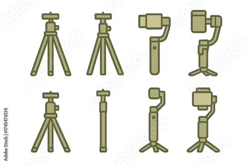 Photography and videography stabilization equipment icons: tripods, gimbals, and monopods