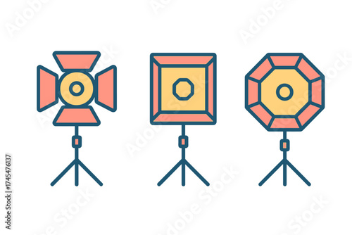 Studio lighting equipment set with softbox, spotlight, and octagonal light source