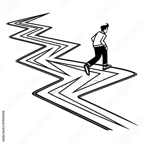 Man running on a zigzag path, symbolizing challenges and obstacles ahead