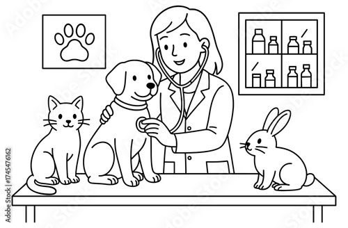 Veterinarian with pets in clinic line drawing