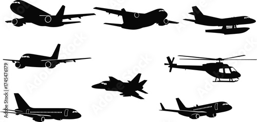 Black silhouette vector illustration, passenger jet, cargo plane, seaplane, fighter jet, helicopter, commercial aircraft, aviation transport, military plane, line art