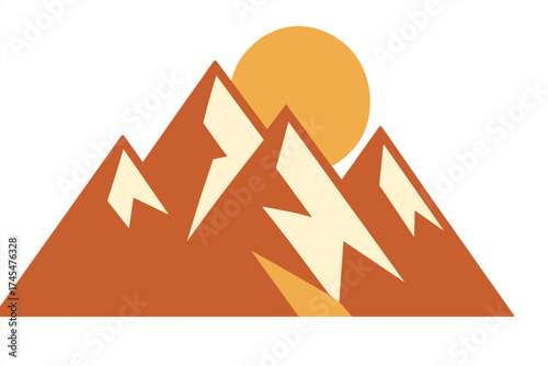 Minimalist geometric mountain range landscape with sun rising over the peaks
