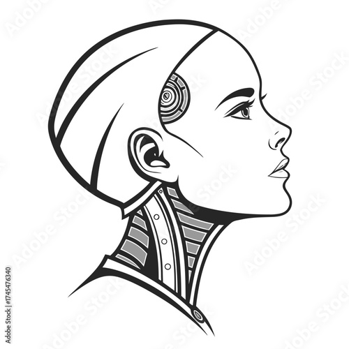 Illustration of a female android head in profile