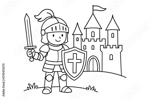 Charming medieval knight in armor with castle backdrop for coloring