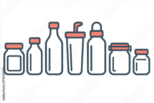 Assortment of empty reusable containers including beverage bottles, food jars, and shaker cups