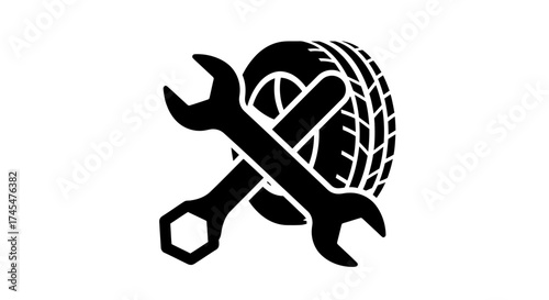 Black Tire with Crossed Wrenches Automotive Repair Symbol.
