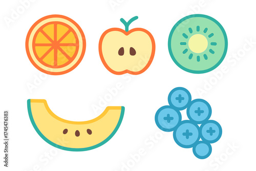 Vibrant selection of healthy fresh fruit slices and berries including orange, apple, kiwi, and melon