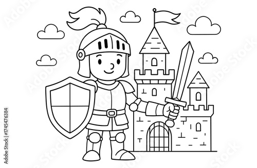 Brave knight in armor holds sword and shield in front of majestic castle with tower and flag