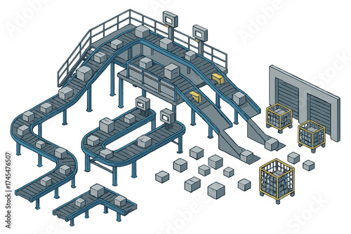 Complex automated conveyor belt system moving packages in a modern logistics warehouse facility