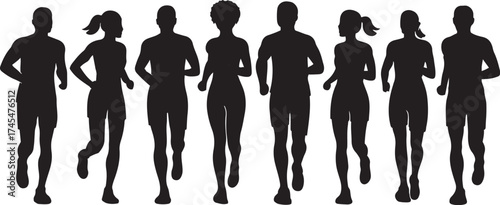 Diverse group of people running together in silhouette