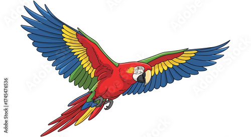 Colorful Scarlet Macaw in Flight with Vibrant Plumage.