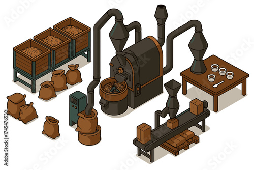 Isometric coffee roasting factory process showing machinery, raw beans, packaging, and quality control
