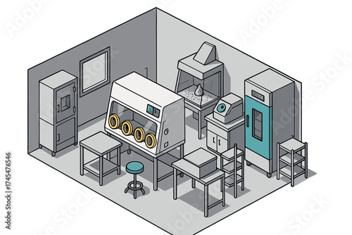 Modern scientific research laboratory interior with specialized equipment and machinery