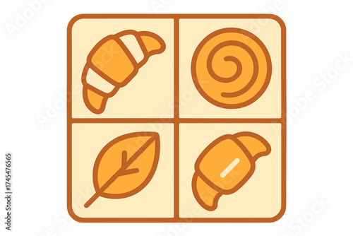 Stylized four panel grid design featuring baked goods and decorative leaf elements