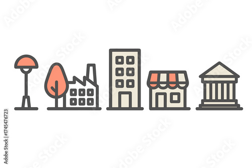 Essential city buildings and infrastructure elements: factory, office, store, and bank structures