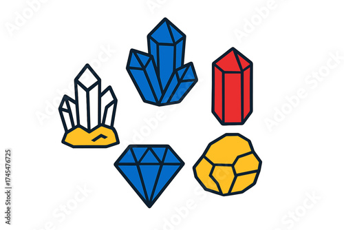 Collection of colorful geometric and raw mineral crystals and precious gemstones