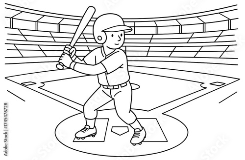 Line art of baseball player batting in stadium with dynamic background