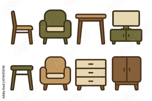 Essential furniture items for living room and bedroom including chairs, tables, and storage
